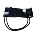A sphygmomanometer measures blood pressure; its components—a cuff, gauge, and bulb—rest on a white background. ARTERY LEFT/RIGHT ARM is printed on the cuff.