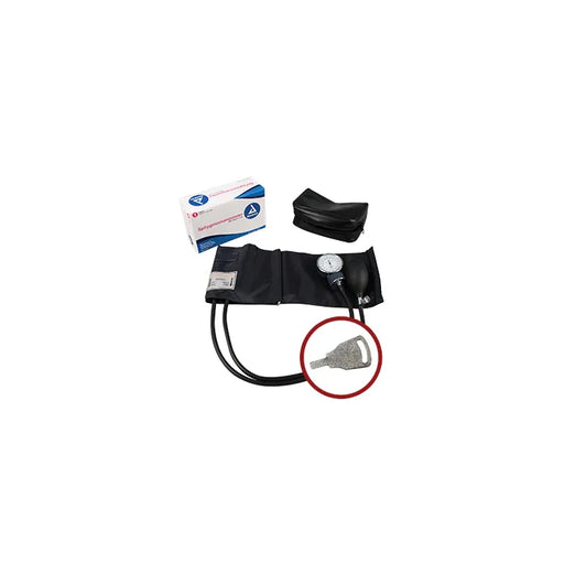 A black blood pressure monitor rests on a white background; it is accompanied by a cuff and other accessories.