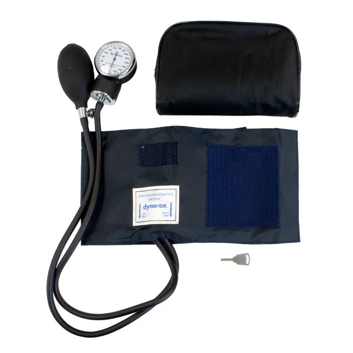 A Dynerex sphygmomanometer lies on a white background, accompanied by its cuff and carrying case. The sphygmomanometer is ready for use to measure blood pressure.
