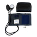 A Dynerex sphygmomanometer lies on a white background, accompanied by its cuff and carrying case. The sphygmomanometer is ready for use to measure blood pressure.