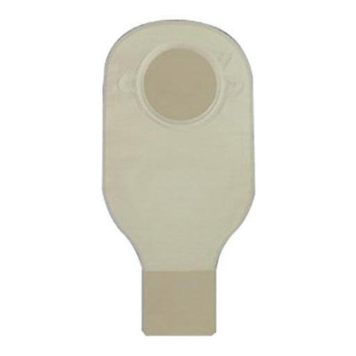 A beige ostomy pouch with a central opening sits on a white background.