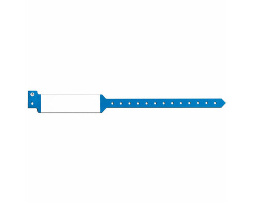 A blank, blue wristband lies flat against a white background. The wristband is ready for use.