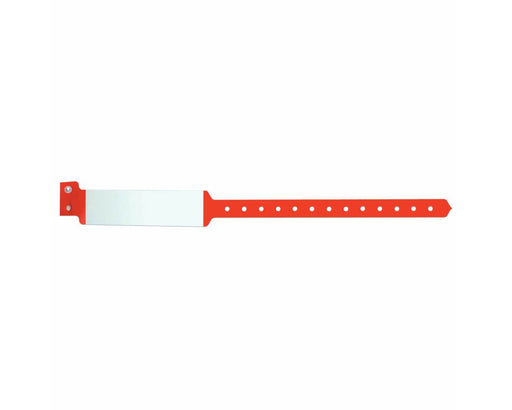 A blank, red wristband lies flat against a white background. The band is perforated and has a white writing area.