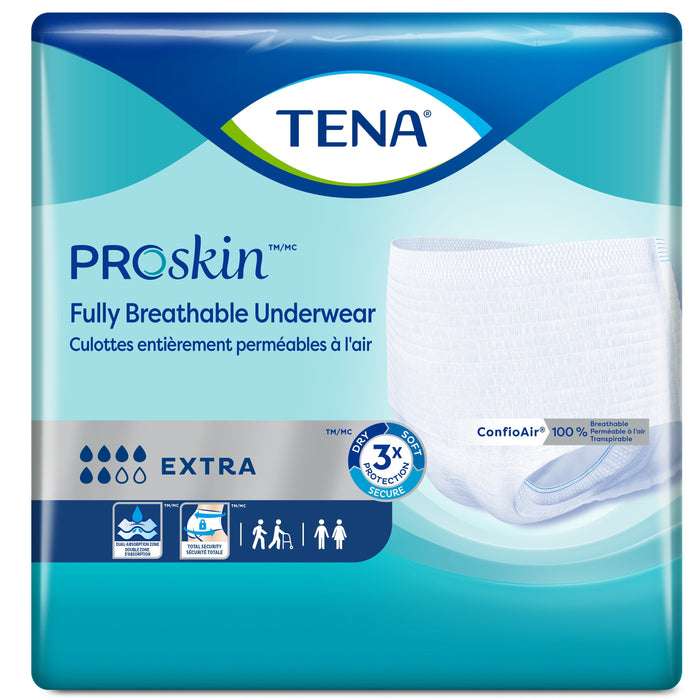 A package of TENA PROskin Fully Breathable Underwear, showing an image of the underwear, is displayed. The package highlights "EXTRA" absorbency and a 3x dry, soft, secure protection. ConfioAir™ 100% breathability is also noted.