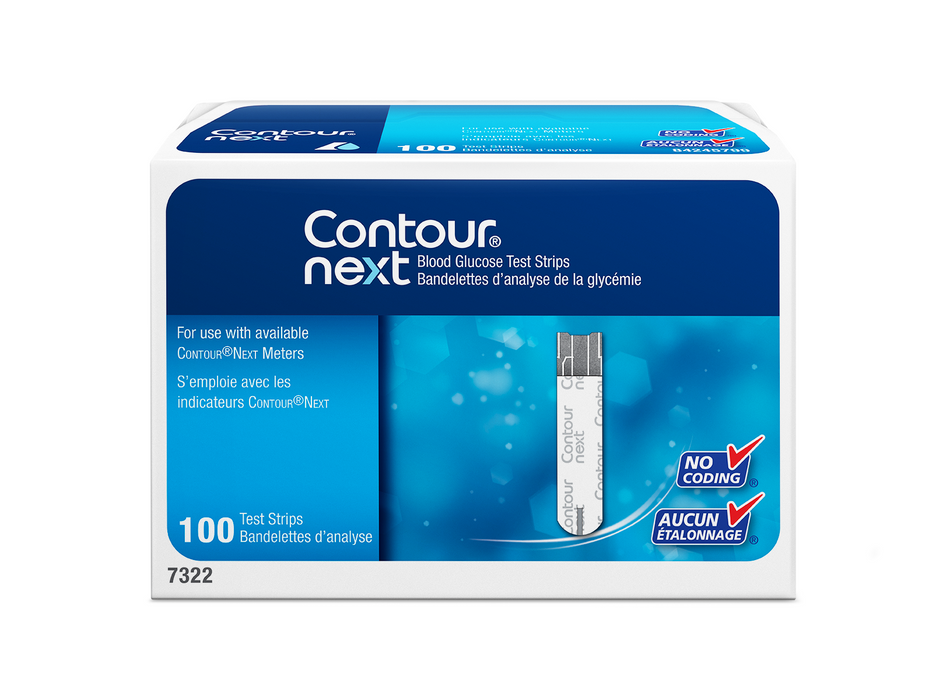 A box of Contour Next blood glucose test strips sits against a white background. The box displays the product name “Contour Next Blood Glucose Test Strips” and other details.
