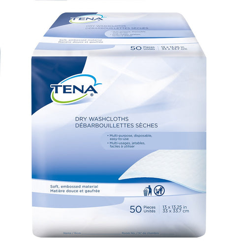 A box of fifty TENA dry washcloths sits upright. They are soft, embossed, disposable, and multi-purpose. The washcloths measure 13 x 13.25 inches (33 x 33.7 cm).