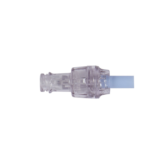 A clear plastic connector joins two medical tubes; one is translucent, the other light blue. The connector is likely used for intravenous or similar medical applications.