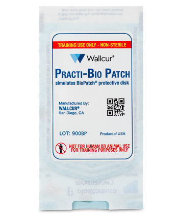 A Practi-Bio Patch, simulating a protective disk, is packaged for training purposes only; it is non-sterile and not for human or animal use. The lot number is 900BP.