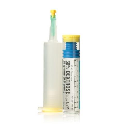 A 50% dextrose injection, contained in a syringe and a small, graduated bottle, sits on a white background. The bottle's label indicates it contains 25 grams (0.5 g/mL) of the solution.
