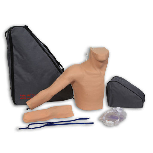A torso mannequin rests on a surface, accompanied by an arm, leg, and carrying case; it appears to be a medical training aid.