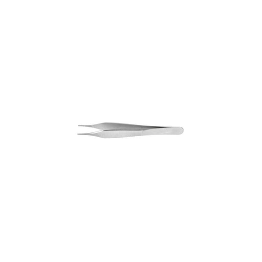 A pair of silver forceps lies horizontally against a white background.