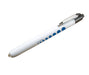 A white pen with dark blue circular accents rests on a plain white background.