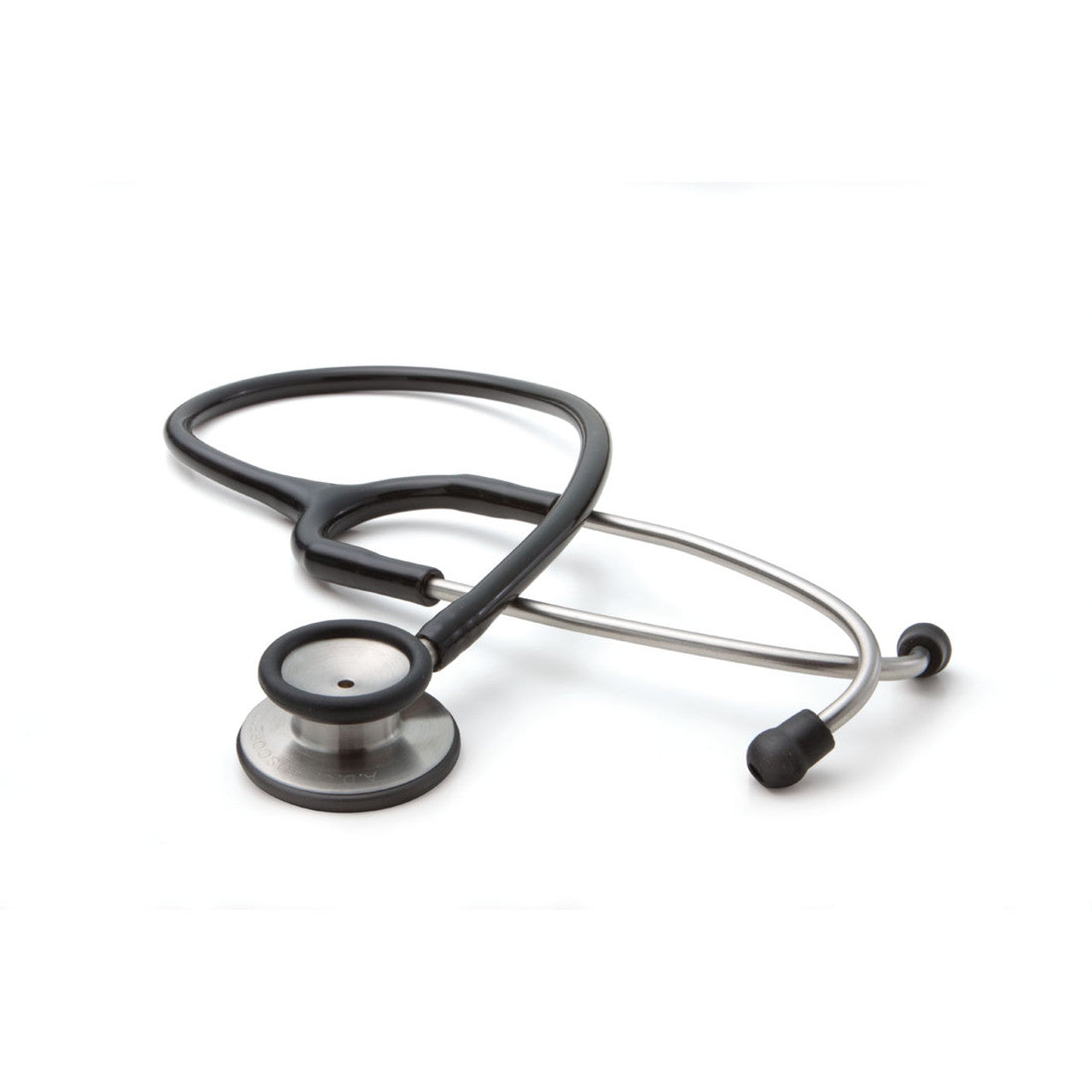 A black stethoscope rests on a white background; its tubing is curved, and the chest piece is prominent.
