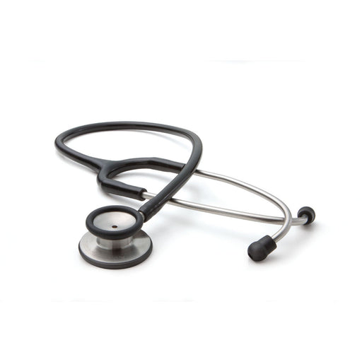 A black stethoscope rests on a white background; its tubing is curved, and the chest piece is prominent.