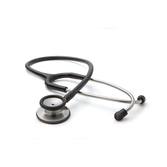 A black stethoscope rests on a white background; its tubing is curved, and the chest piece is prominent.