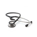 A black stethoscope rests on a white background; its tubing is curved, and the chest piece is prominent.