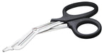 A bandage scissor rests on a white background. Its metallic blades are angled, and its handles are black plastic.