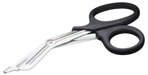 A bandage scissor rests on a white background. Its metallic blades are angled, and its handles are black plastic.