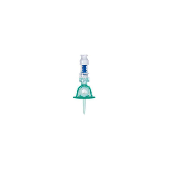 A medical cannula, stands upright, on a white background.