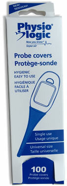 A box of 100 Physiologic probe covers is shown. The covers are single-use, universal-size, hygienic, and easy to use. The box depicts a blue probe cover.