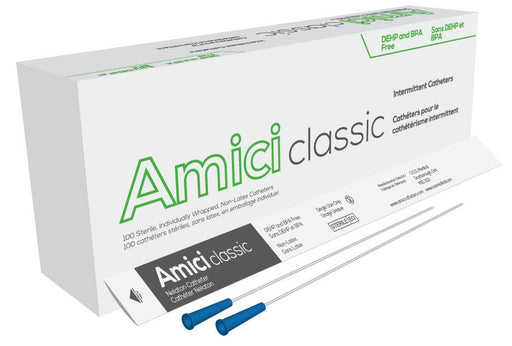 A box of Amici classic intermittent catheters sits beside two sterile, individually wrapped, non-latex catheters. The box contains 100 catheters and is DEHP and BPA free.
