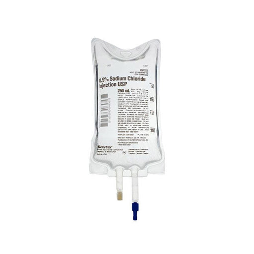 A 250 mL bag of 0.9% Sodium Chloride Injection USP is shown; it contains intravenous fluid; the bag is ready for administration.