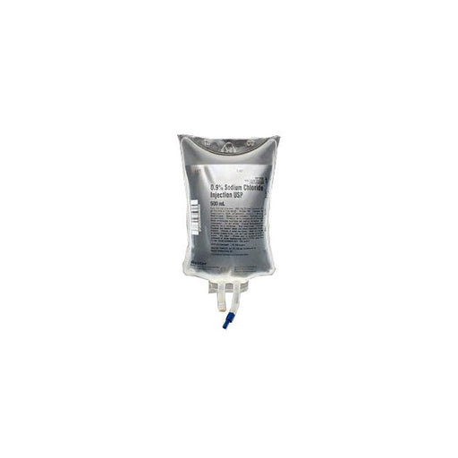 A 500 mL bag of 0.9% Sodium Chloride Injection USP is shown against a white background.