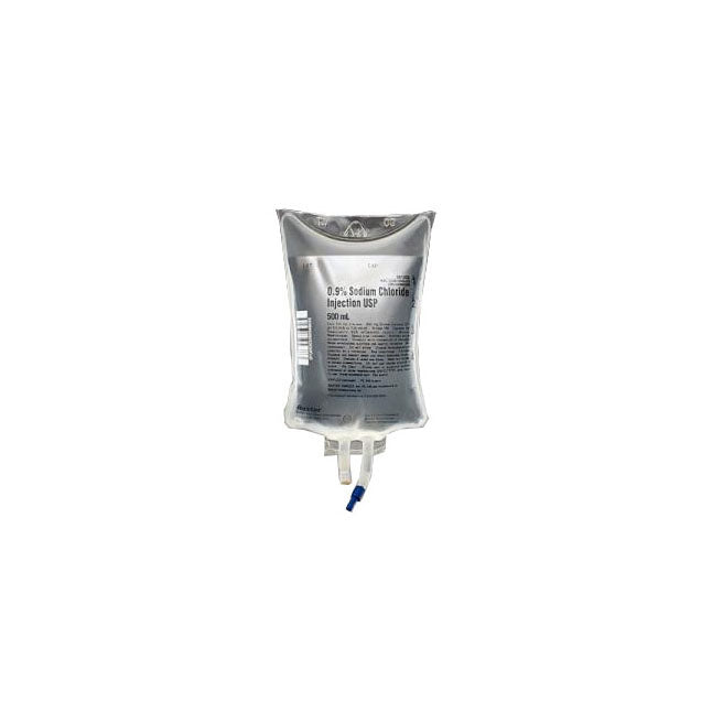 A 500 mL bag of 0.9% Sodium Chloride Injection USP is shown against a white background.