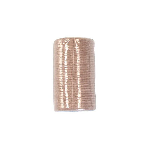 A beige elastic bandage is packaged in plastic. It sits on a white background.