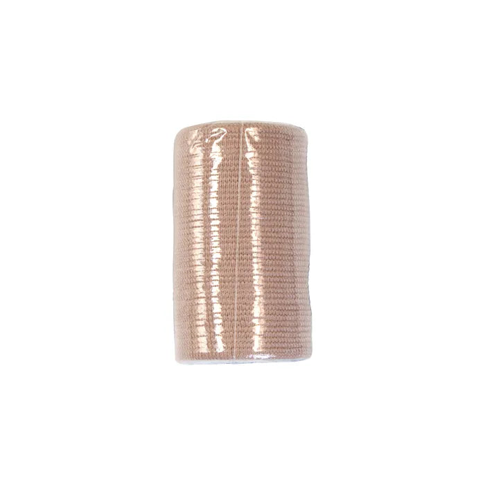 A beige elastic bandage is packaged in plastic. It sits on a white background.