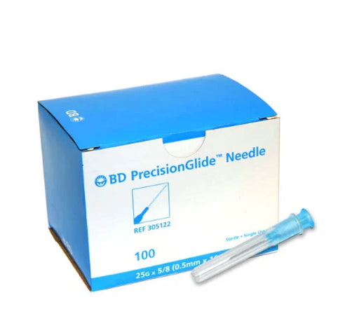 A box of 100 BD PrecisionGlide needles sits on a white surface. One needle is displayed next to the box. The box is light blue and shows a needle graphic. The reference number is 305122, and the needle size is 25G x 5/8 (0.5mm x 16mm).