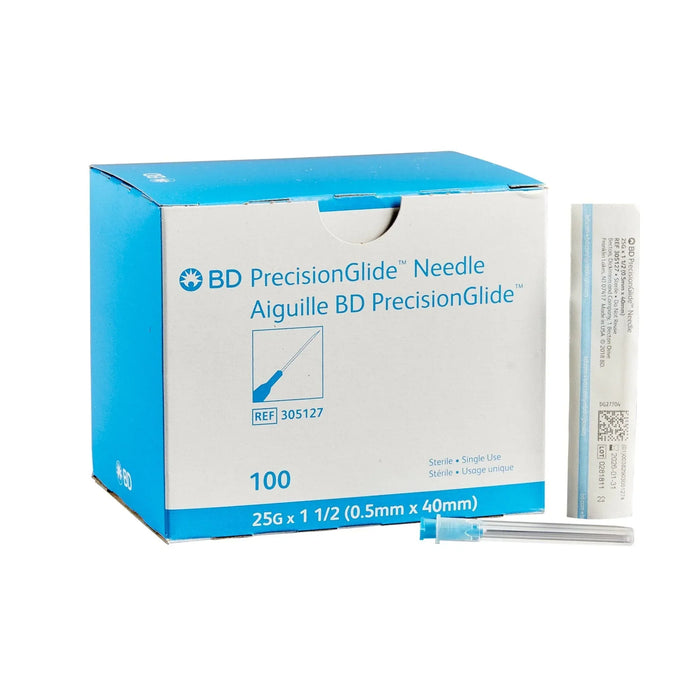 A box of 100 BD PrecisionGlide needles sits beside a single needle; the needles are 25G x 1 1/2 (0.5mm x 40mm), sterile, and for single use.