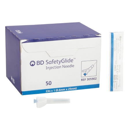 A box of 50 BD SafetyGlide injection needles (23G x 1 (0.6mm x 25mm), REF 305902) sits beside a single needle and its packaging.