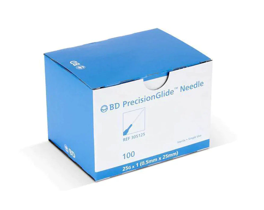 A box of BD PrecisionGlide™ Needles sits on a surface. It contains 100 needles, 25G x 1 (0.5mm x 25mm), sterile and for single use.
