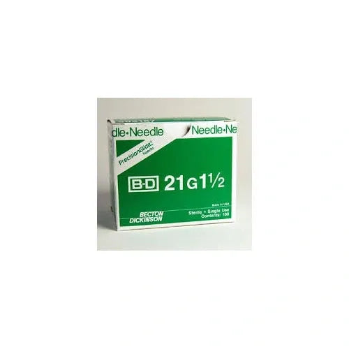 A box of Becton Dickinson (BD) 21G 1 1/2 needles sits on a surface. The box is green and white, indicating sterile, single-use contents of 100.