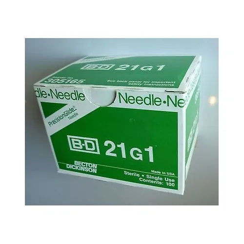 A box of Becton Dickinson PrecisionGlide needles (21G1) sits on a surface. The box is green and white, indicating sterility and single use. It contains 100 needles.