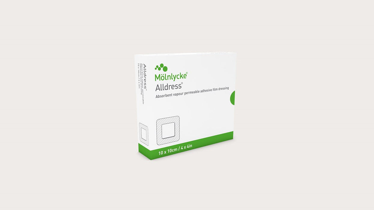 A box of Mölnlycke Alldress, absorbent vapor-permeable adhesive film dressings, sits on a plain white surface. 10 x 10cm / 4 x 4in.