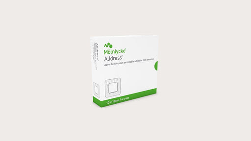 A box of Mölnlycke Alldress, absorbent vapor-permeable adhesive film dressings, sits on a plain white surface. 10 x 10cm / 4 x 4in.