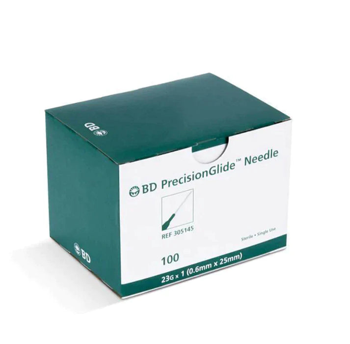 A box of BD PrecisionGlide needles sits on a surface. The box is green and contains 100 sterile, single-use needles, size 23G x 1 (0.6mm x 25mm), reference number 305145.