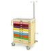A multi-drawer medical cart stands on wheels; it features colorful drawers and an IV pole. 