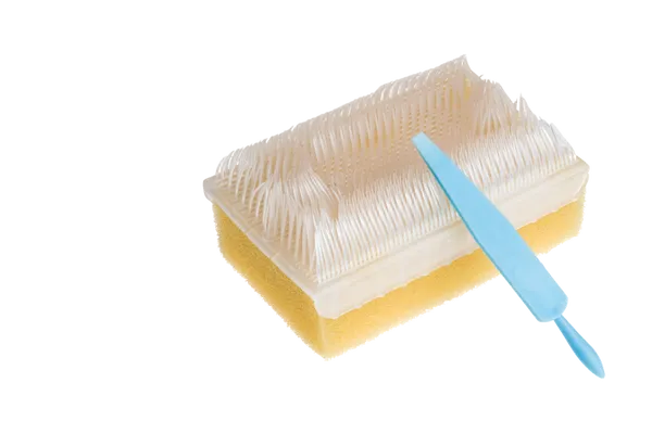 A rectangular sponge brush, featuring a dense, white bristle top, rests on a surface. A light blue cleaning tool lies atop the brush.