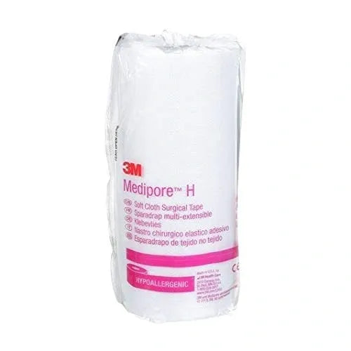 A roll of 3M Medipore H hypoallergenic surgical tape sits in its packaging. The tape is described as soft cloth, multi-extensible, and available in multiple languages. The context is a plain background.