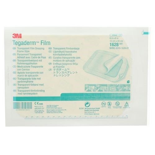A sealed package of 3M Tegaderm+ transparent dressing sits against a white background. The package displays product information and the 3M logo.