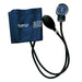 A sphygmomanometer lies on a white background; its cuff is deflated. Instructions are printed on the cuff.