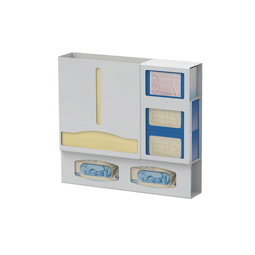 A wall-mounted dispenser holds and dispenses face masks, gloves, and other medical supplies. It is light gray with blue and yellow accents.