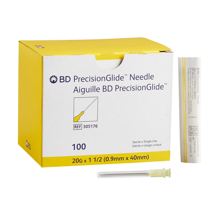 A box of 100 BD PrecisionGlide™ needles sits beside a single needle; the needles are sterile, for single use, 20G x 1 1/2 (0.9mm x 40mm).