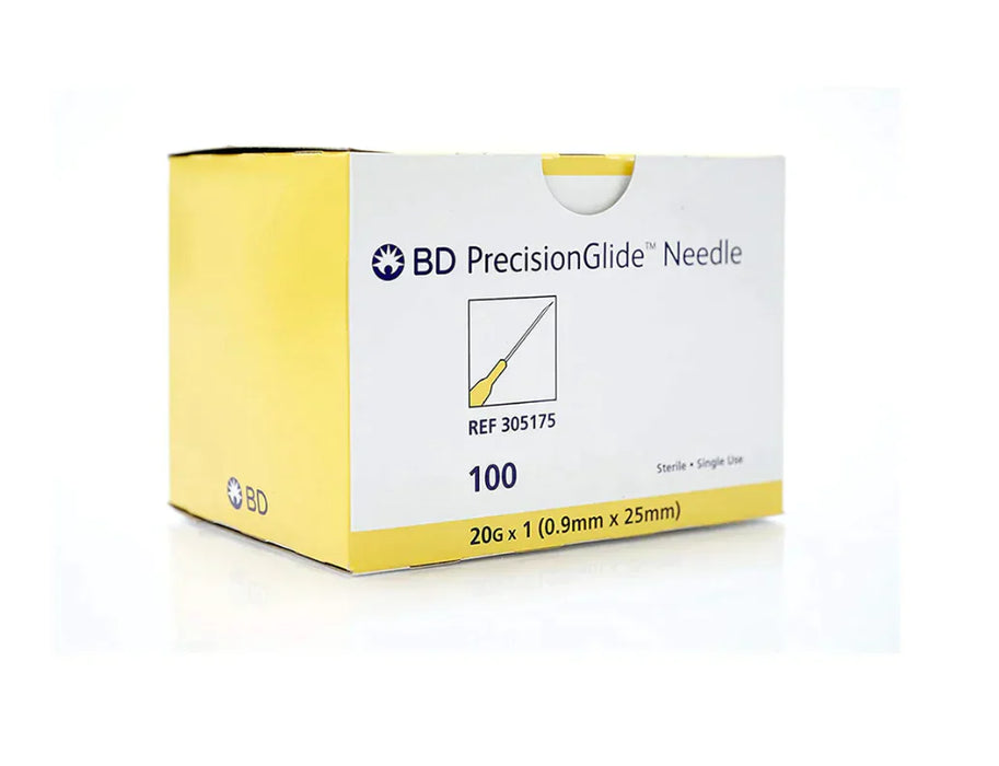 A box of BD PrecisionGlide™ Needles sits on a white surface. The box contains 100 sterile, single-use needles, size 20G x 1 (0.9mm x 25mm).