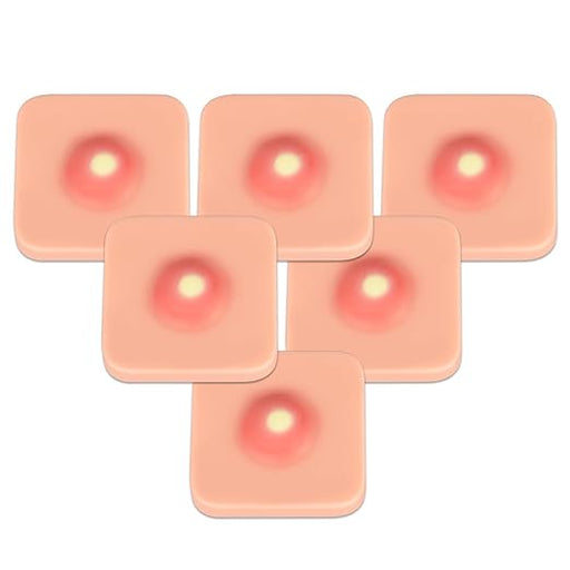 Six square simulated wounds, each with a central puncture, are arranged in a staggered pattern against a plain background.