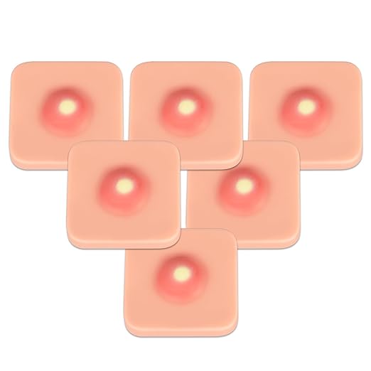 Six square simulated wounds, each with a central puncture, are arranged in a staggered pattern against a plain background.