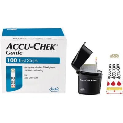 A box of Accu-Chek Guide blood glucose test strips (100 count) sits beside an opened container holding more strips. The box and container are labeled for self-testing.